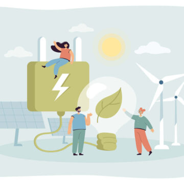 Tiny characters in village with windmills and solar panels e1766079076165